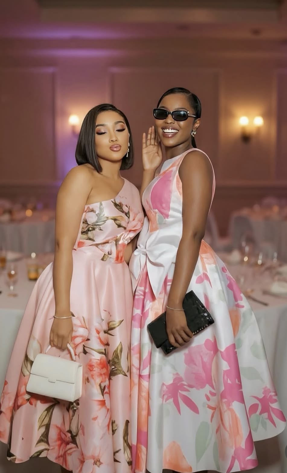 Soft pink and blush floral satin gowns