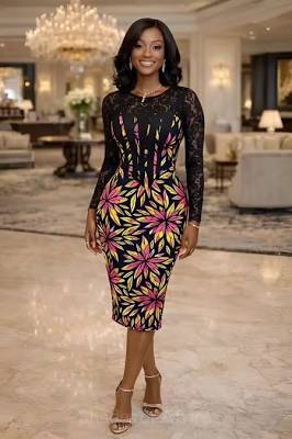 Black lace dress with vibrant floral burst print