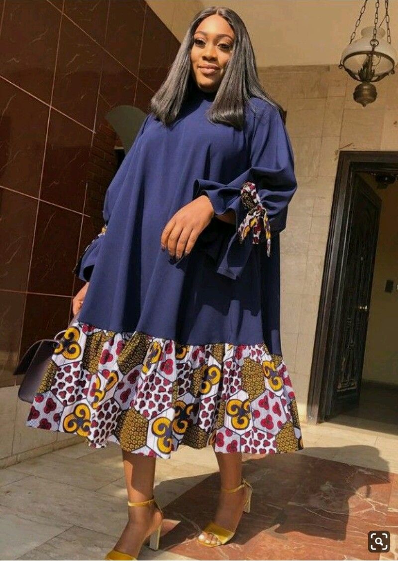 Navy boho dress with bold African print hem