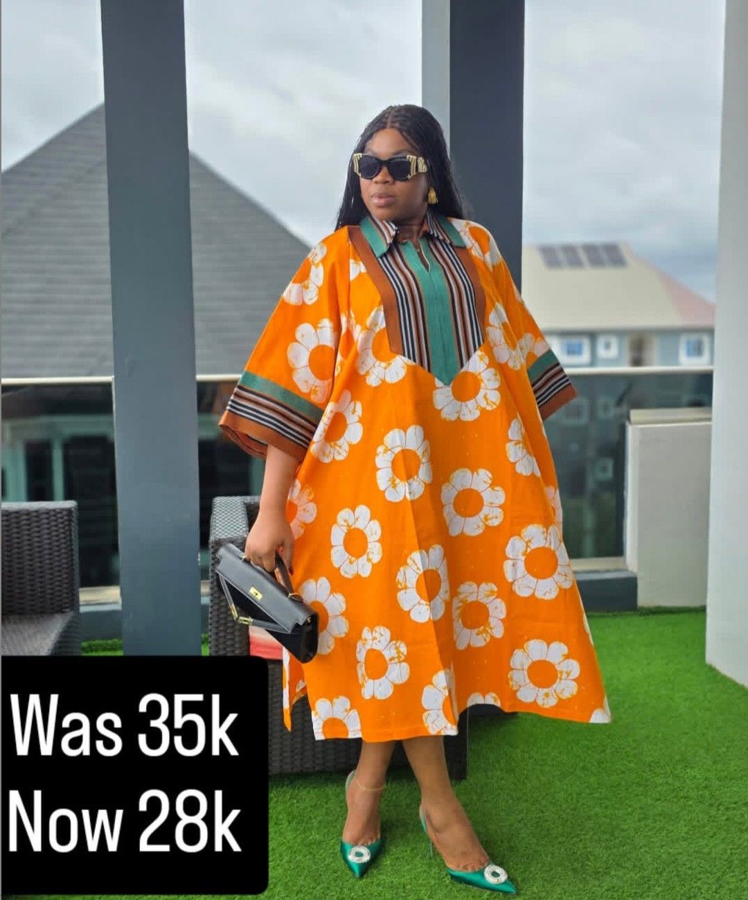 Orange and white floral kaftan with green accents