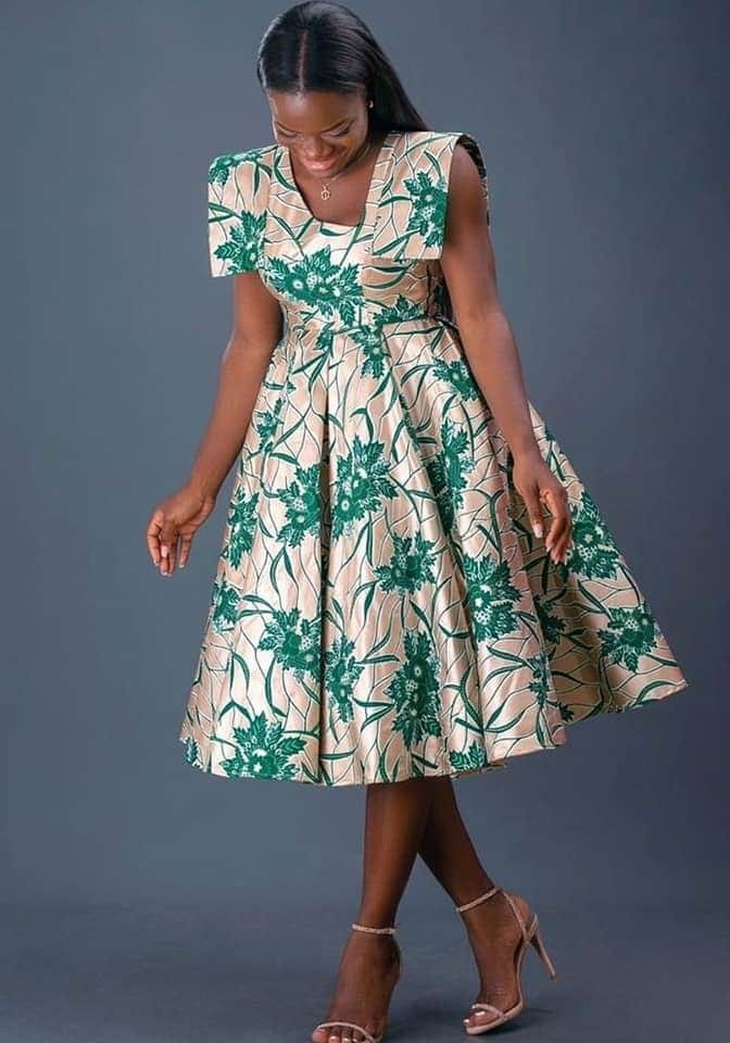 Cream and emerald green floral A-line dress